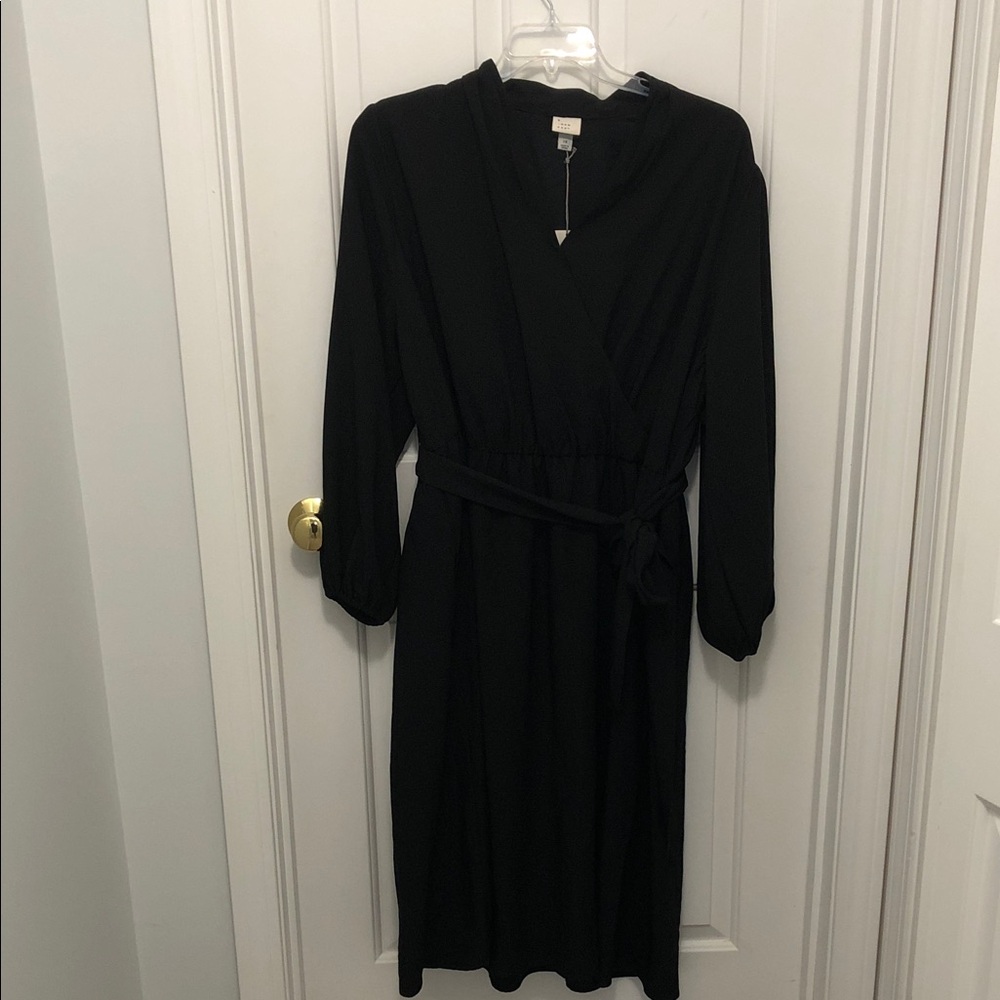 a new day Black Long-Sleeve Wrap Midi Dress with Waist Tie